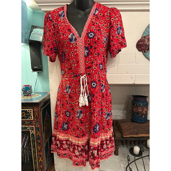 LEANI BOHO BORDER PRINT DRAWSTRING WAIST RAYON DRESS S - Picture 1 of 8